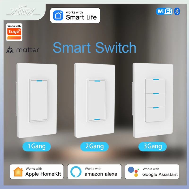 Matter WiFi สมาร์ทสวิตช์ไฟ 100-240V 1/2/3 GANG ต้องการ Neutral Wire Control ทํางานร่วมกับ Smart Life & Tuya APP Alexa Google Home 1