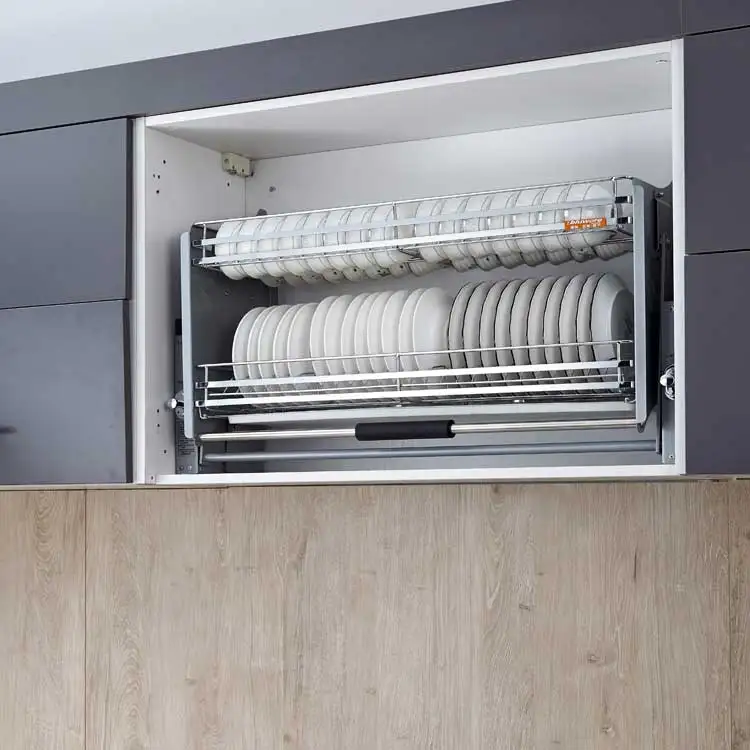 Kitchen Storage Lift Up System Plate Rack Stainless Steel Dish Rack Basket Elevator Organizer Basket