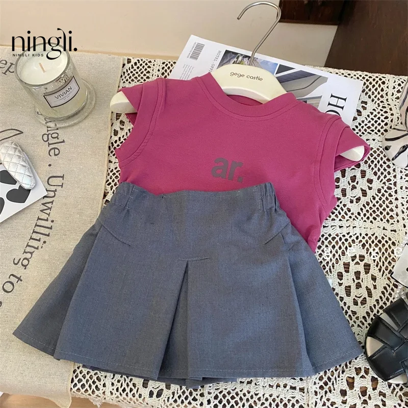 

Girls' Summer Dress Dragon Fruit Color Short Sleeve Gray One-Step Skirt Stylish Two-Piece Suit Baby Girl Summer Fashion