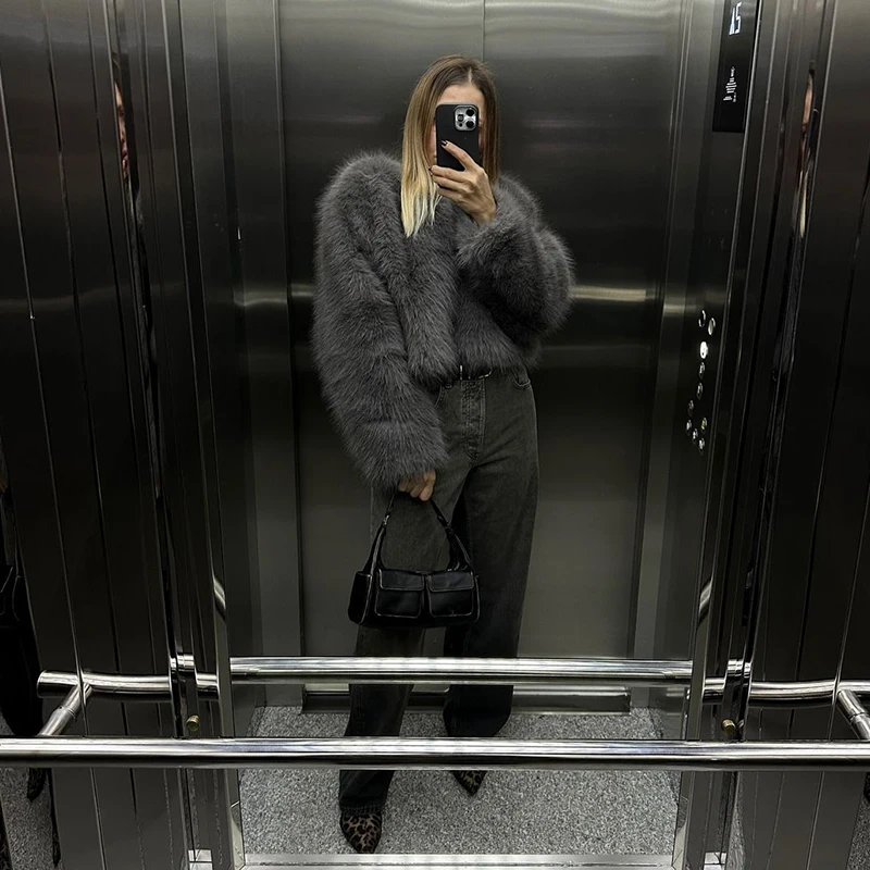 Street Fashion Girls Gray Fluffy Short Faux Fox Fur Jacket Women Winter Hot Brand Thick Warm Eco Fur Coat Female