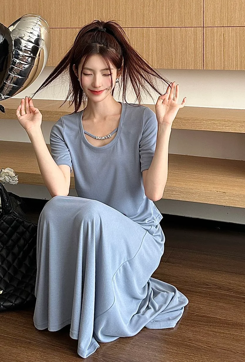 여성 라인스톤 레터 사이드 플리츠 탑, 하이웨이스트 하프 스커트, 반팔 세트, 클래식 트렌디, 럭셔리 디자이너, 143175 패션