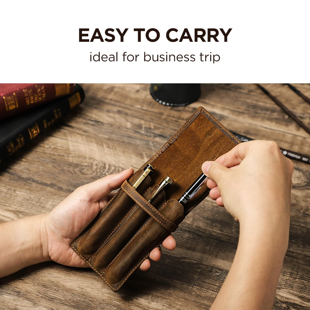 Handmade Crazy Horse Leather 1/2/3 Slots Pen Case Organizer Pocket Pen Holder Case for Adult Office School Vintage Retro Style