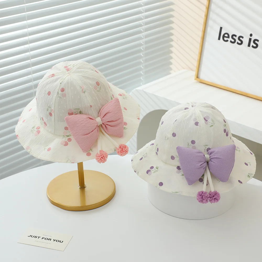 New Spring Summer Fruit Print Baby Sun Hat Big Bow With 2 Hanging Balls Girls Fisherman Cap Cute Princess Bucket Hat