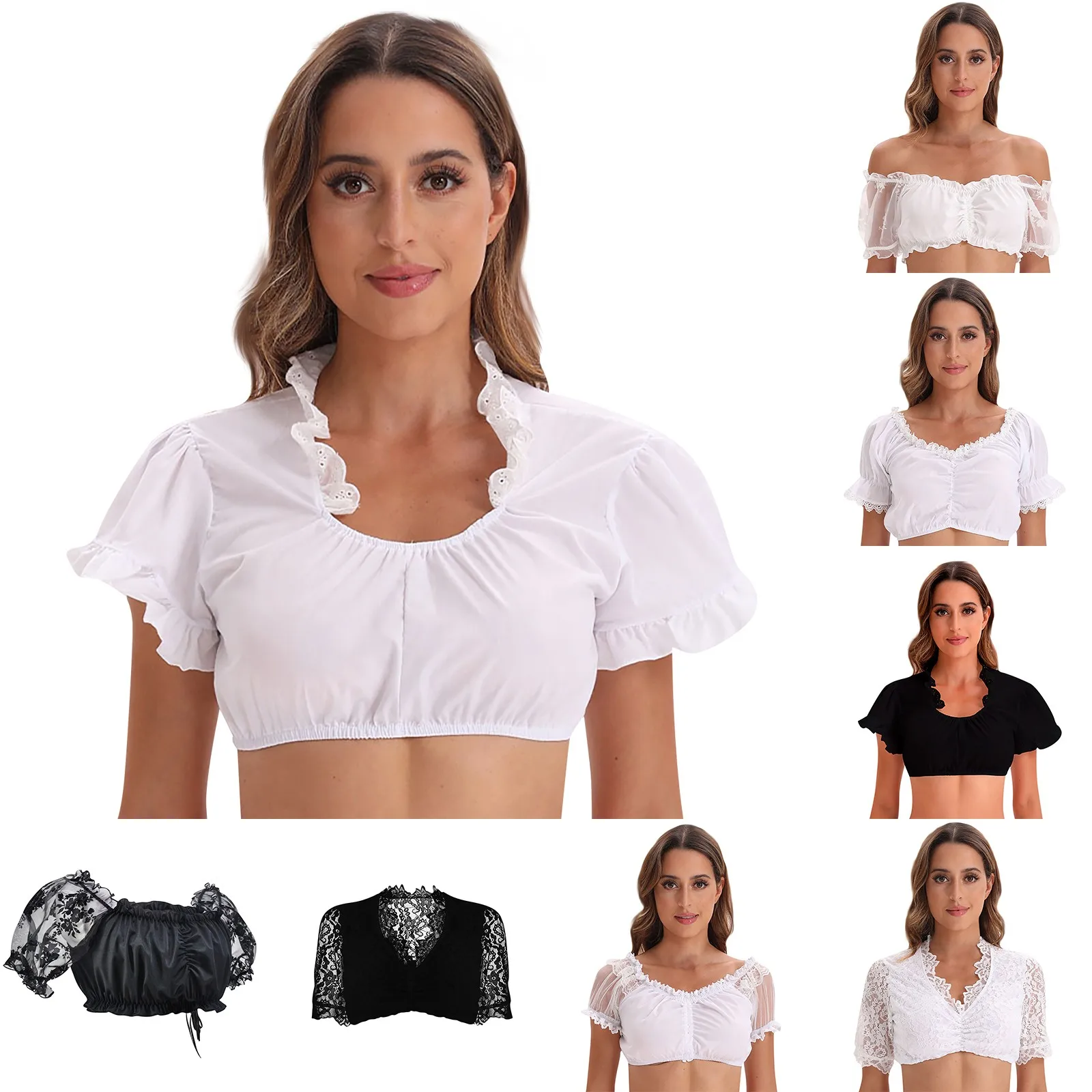 Female Elegant Classical Halloween Regular Bottom Blouses Lace Panel Small Shirt Tops Solid Color Dirndl Crop Blouses For Women