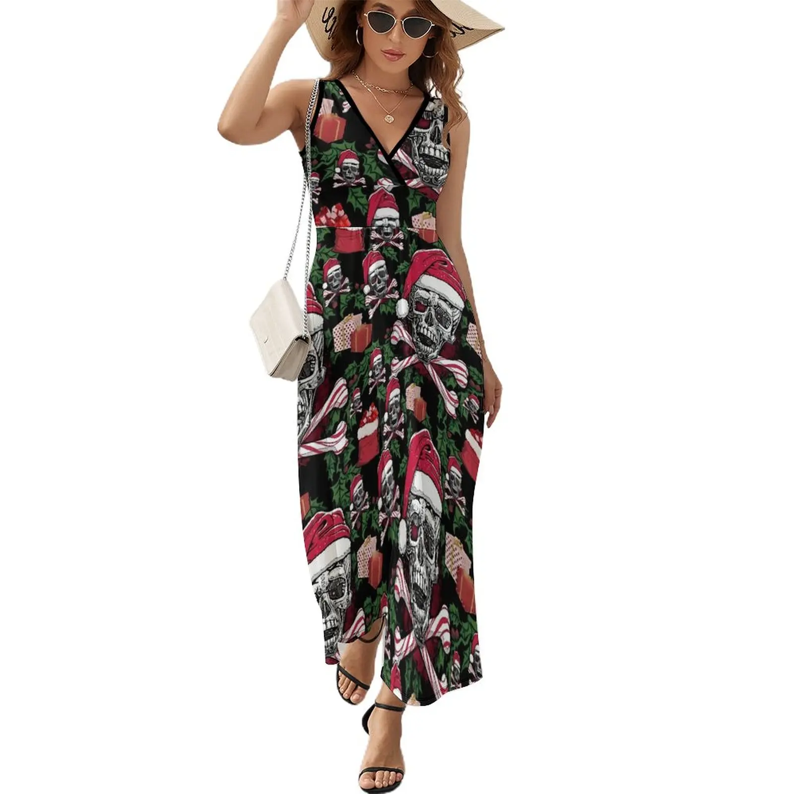 

Skull Cross Dress Candy Canes Santa Hat Street Fashion Bohemia Long Dresses Female Cute Design Maxi Dress Gift Idea