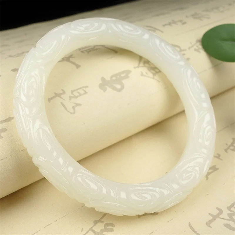 

Send Certificate Natural White Jade Bangle Hand-carved Exquisite Bracelet Women Men Real Hetian Jades Nephrite Healing Bangles