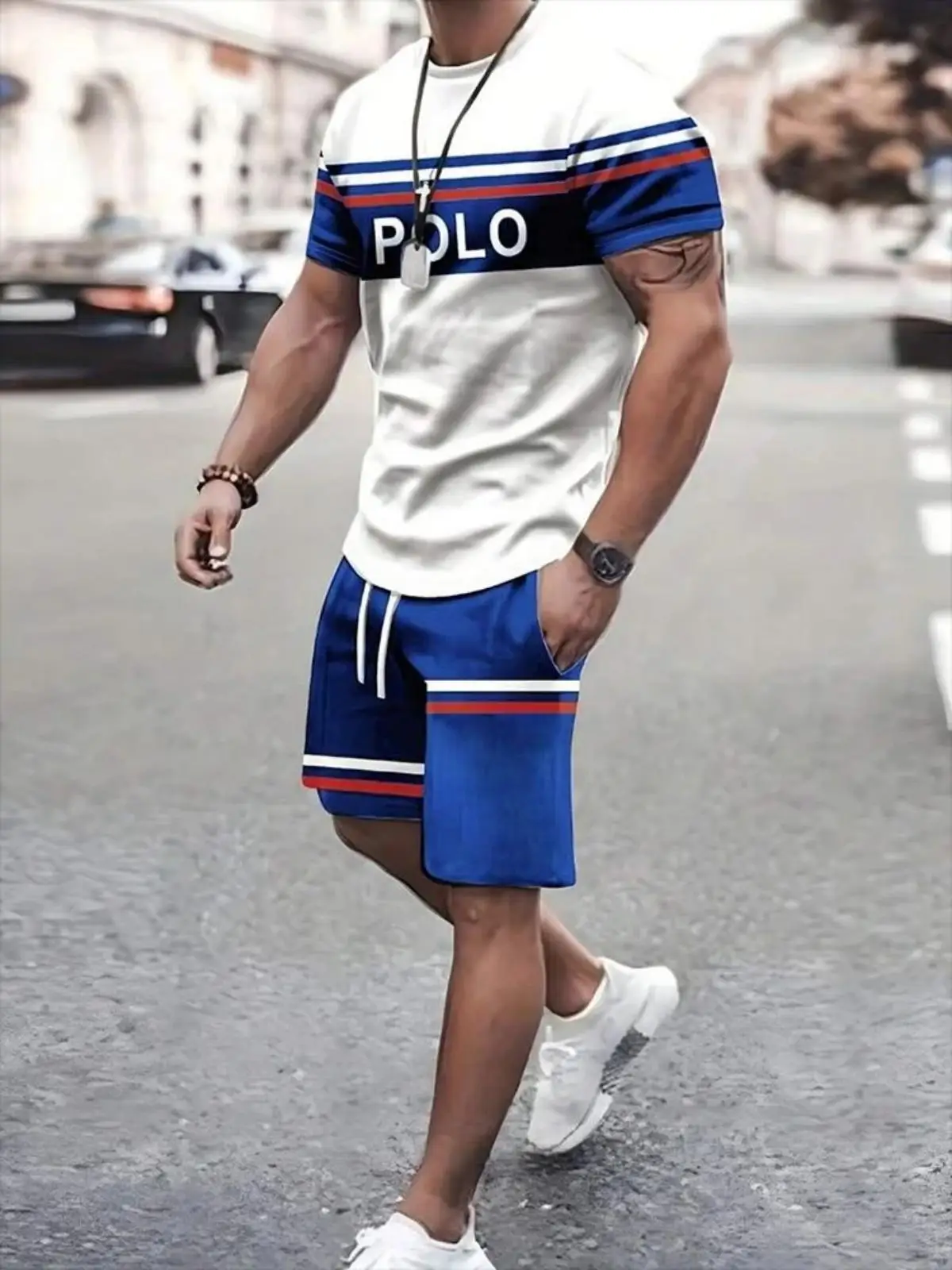 Men's summer striped letter printed soft and breathable round neck T-shirt shor…