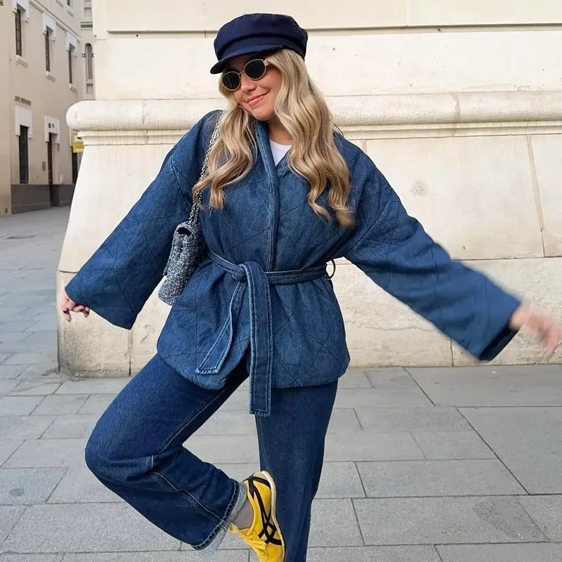 TRAF Faux Denim Padded Jackets Women\'s Quilted Jacket Winter Spring Long Sleeves Top New In Outwear Elegant Women\'s Warm Coats