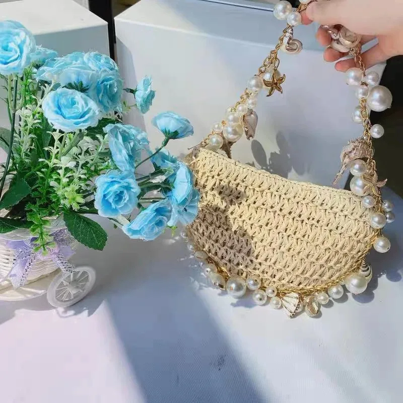Cute Bohemian Pearls Straw Bag Hand-Woven Conch Starfish Handbags Half Moon Shoulder Bags Rattan Seaside Travel Underarm Pouch