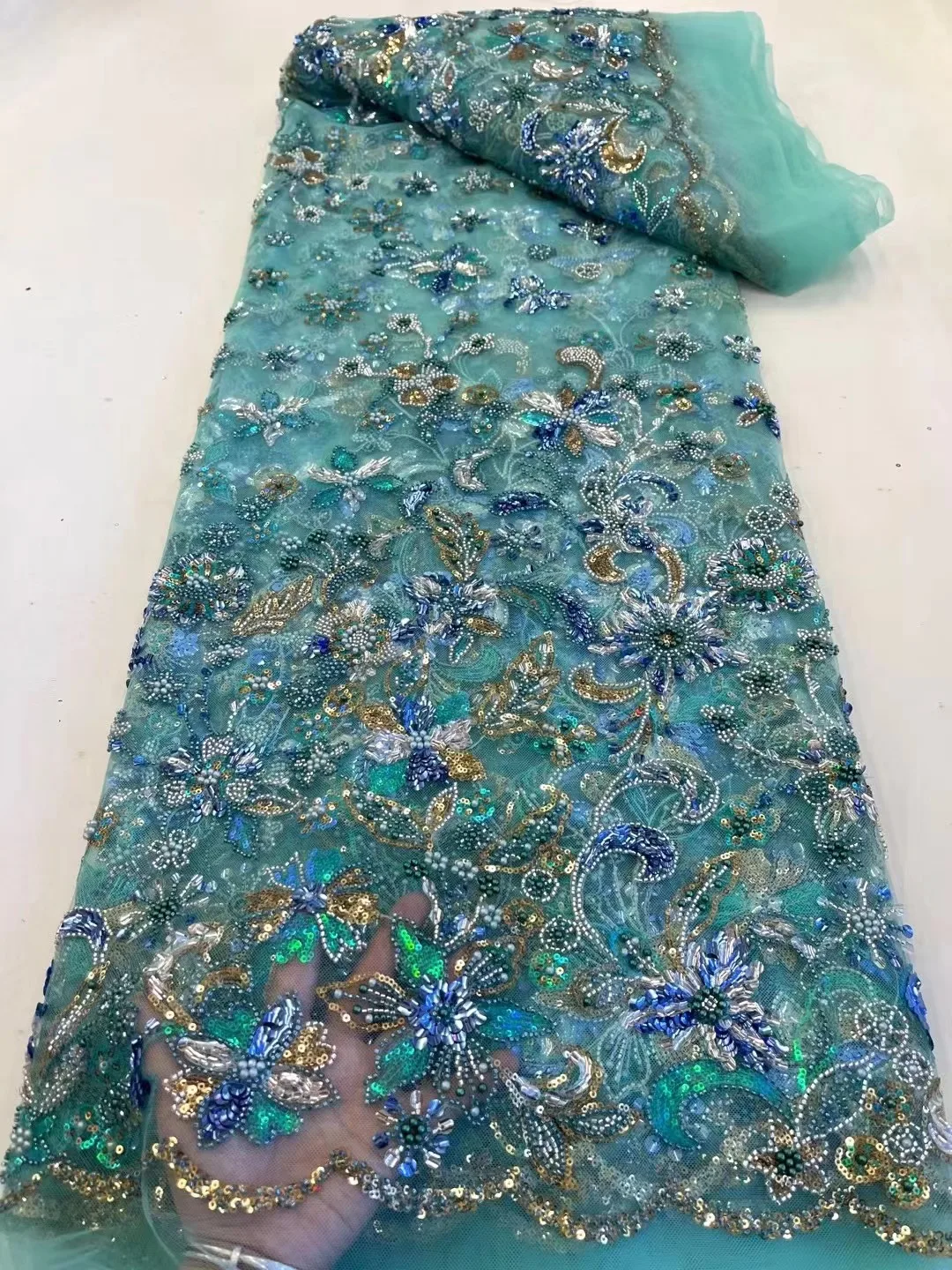 

Синяя Роскошная искусственная кружевная ткань, бусины ручной работы, вышивка блестками, африканский кружевной материал для свадебных платьев