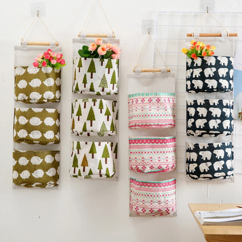 Wall Mounted Storage Bag with 3 Pockets, Linen Fabric, Waterproof, Door Closet, Hanging Organizer for Bath Bedroom, Home Kitchen 6