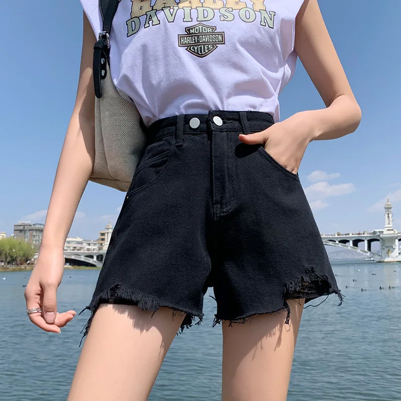 Summer Women's Denim Solid Color Perforated High Waist Fashion