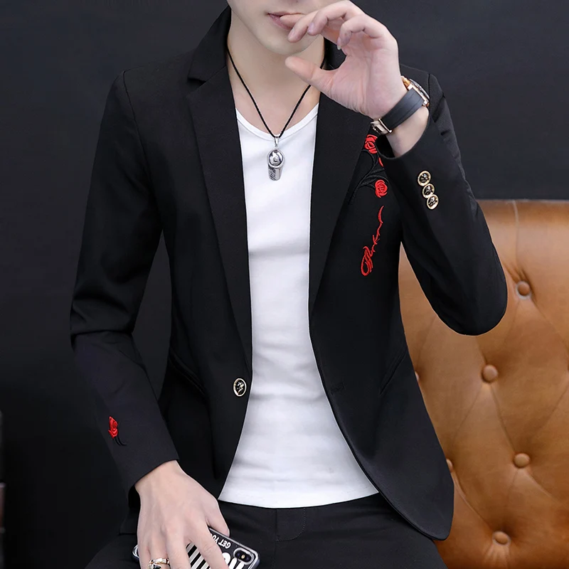 New explosive spring slim casual handsome embroidery pattern all matching style single west personality fashion men's clothing 3