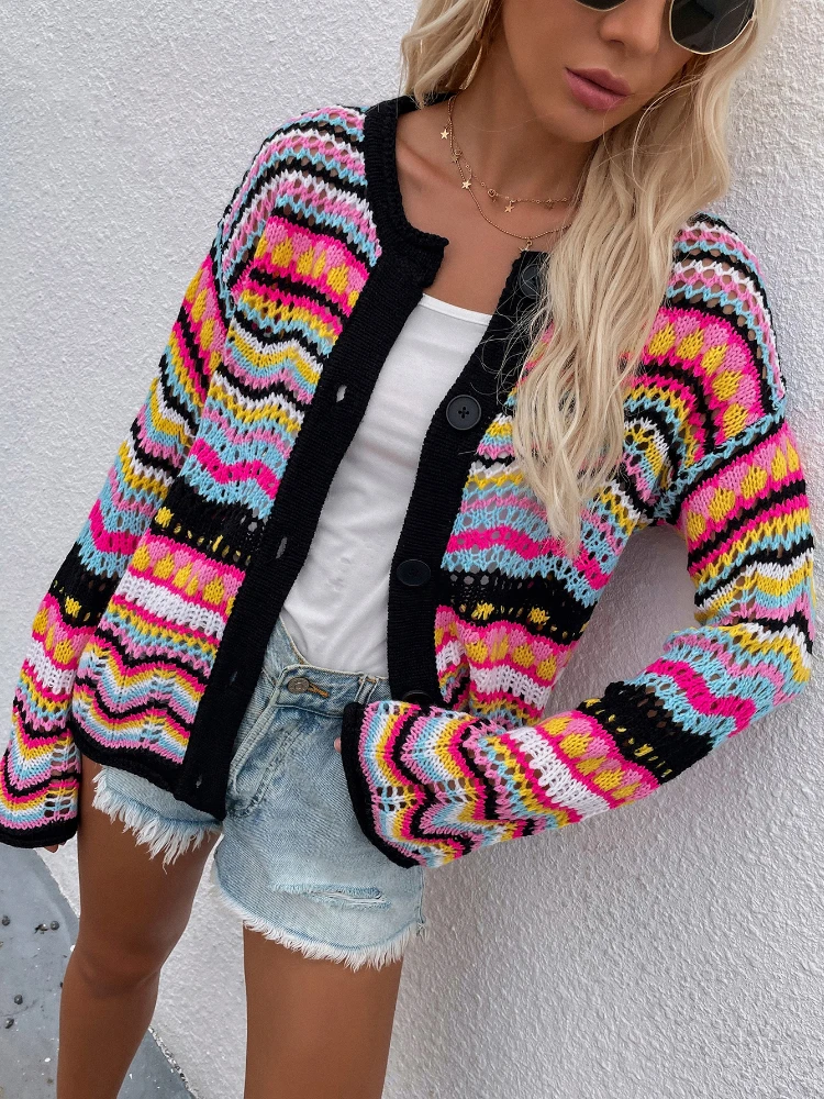 

Women Cardigan 2023 New Fashion Korean Autumn Winter Long Sleeve Top Cardigan Hollow Out O-Neck Striped LOOSE Oversized Sweater
