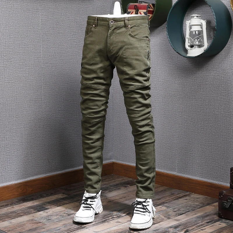 Streetwear Fashion Men Jeans Army Green Elastic Slim Fit Spliced Designer Biker Jeans Men Stretch Hip Hop Denim Pencil Pants