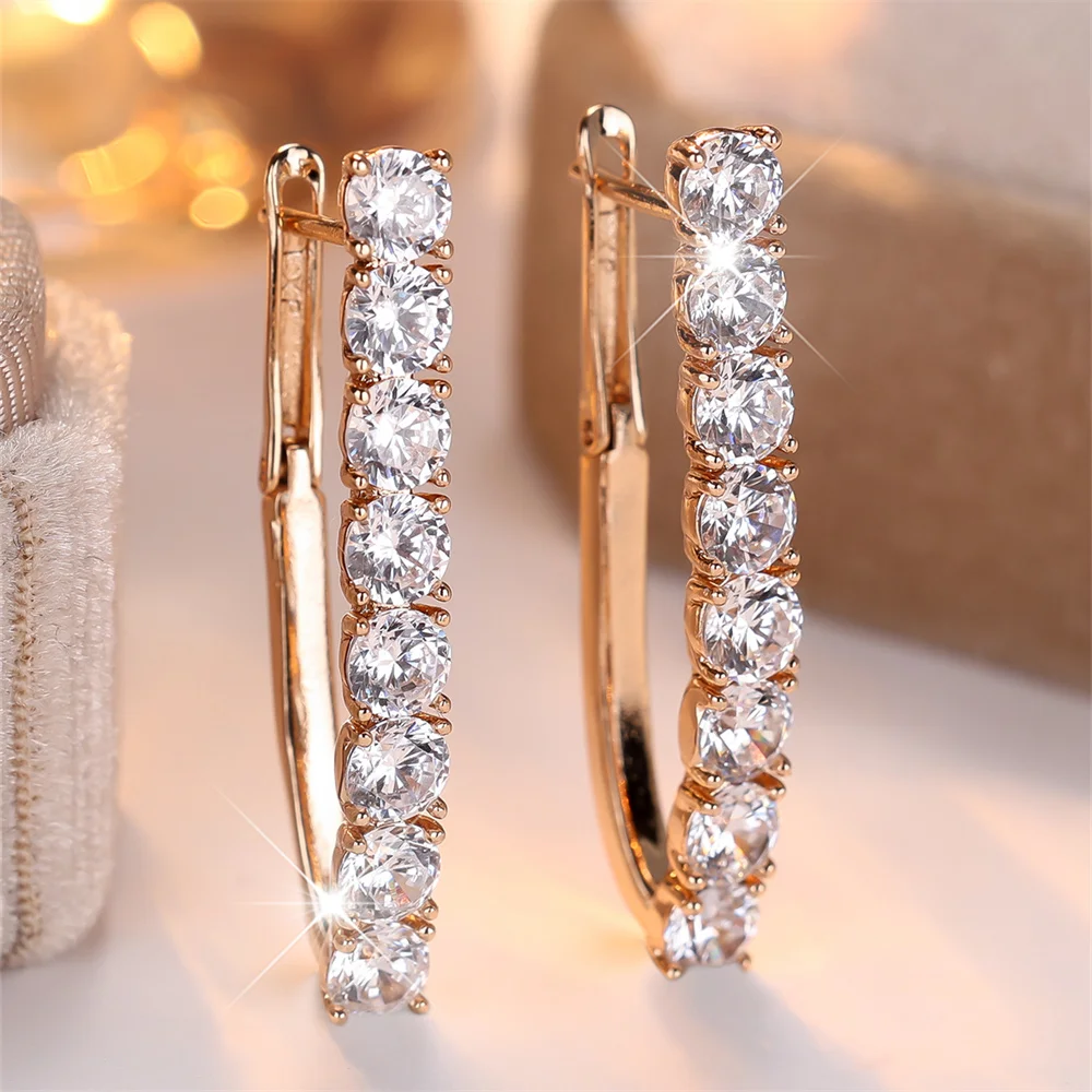 Multicolor Crystal White Zircon Round Stone Hoop Earrings For Women Vintage Gold Color Ear Buckle Wedding Jewelry Versatile Gift