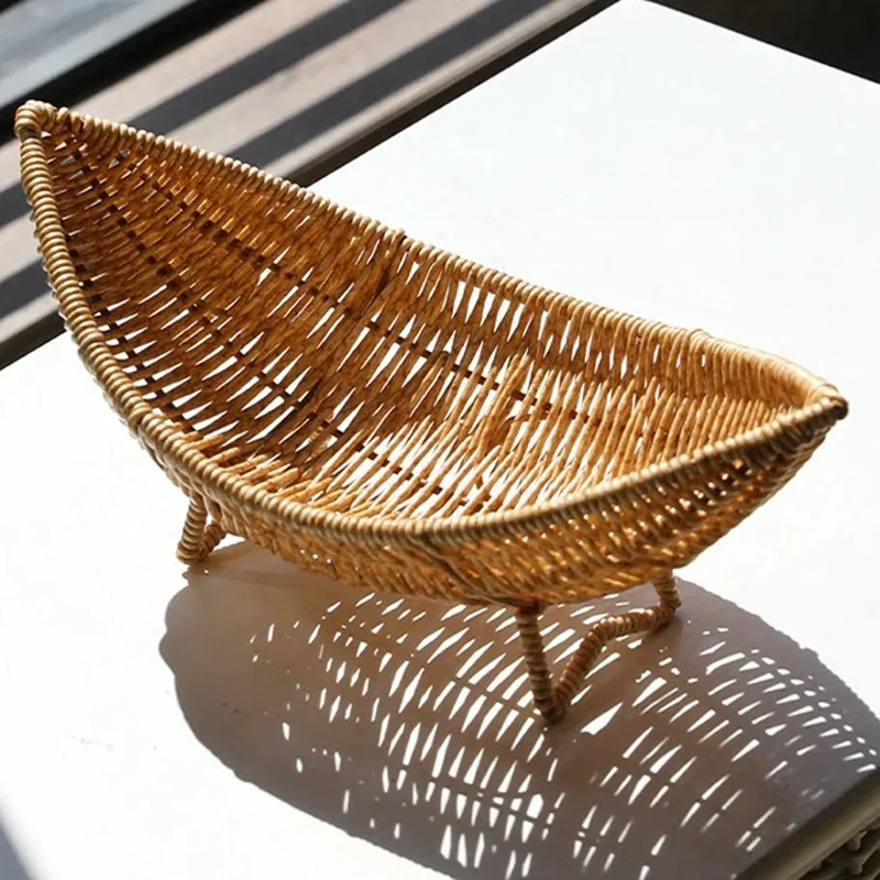 Imitation Rattan Storage Basket Woven Decorative Serving Tray for Fruit Snacks Tabletop Bathroom Kitchen Counter Organizer