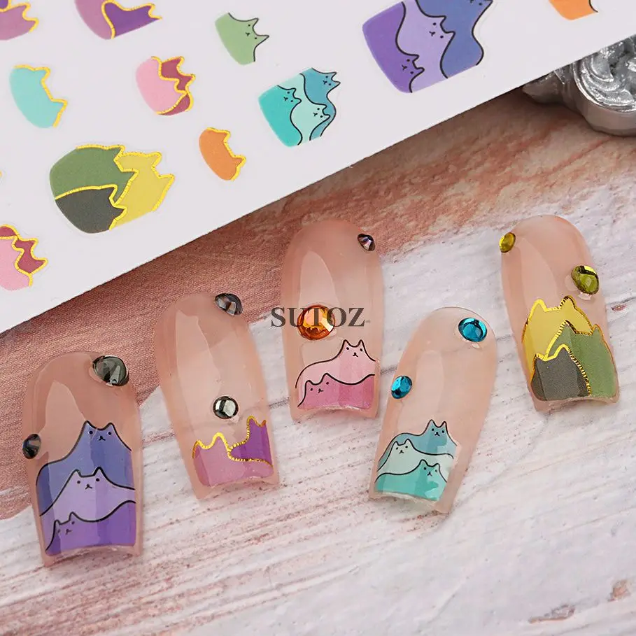 3D Cartoon Cats Nail Art Stickers Kawaii Animals Gold Lines Sliders For Nails French Designs Manicure Decoration LEBSTZ-YB012