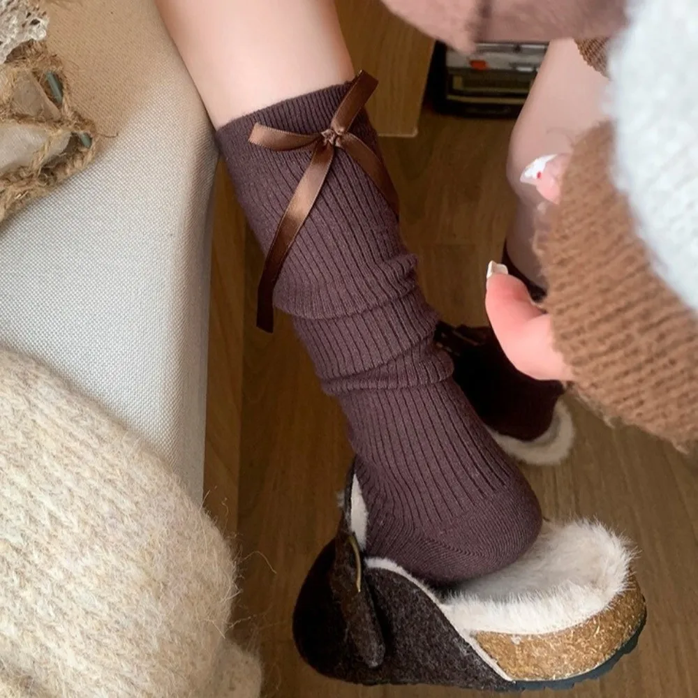 Modische einfarbige Lolita-Socken mit Schleifenband, atmungsaktiv, dick gestrickt, Beinwärmer, warme Kniestrümpfe für den Winter – Detail 6