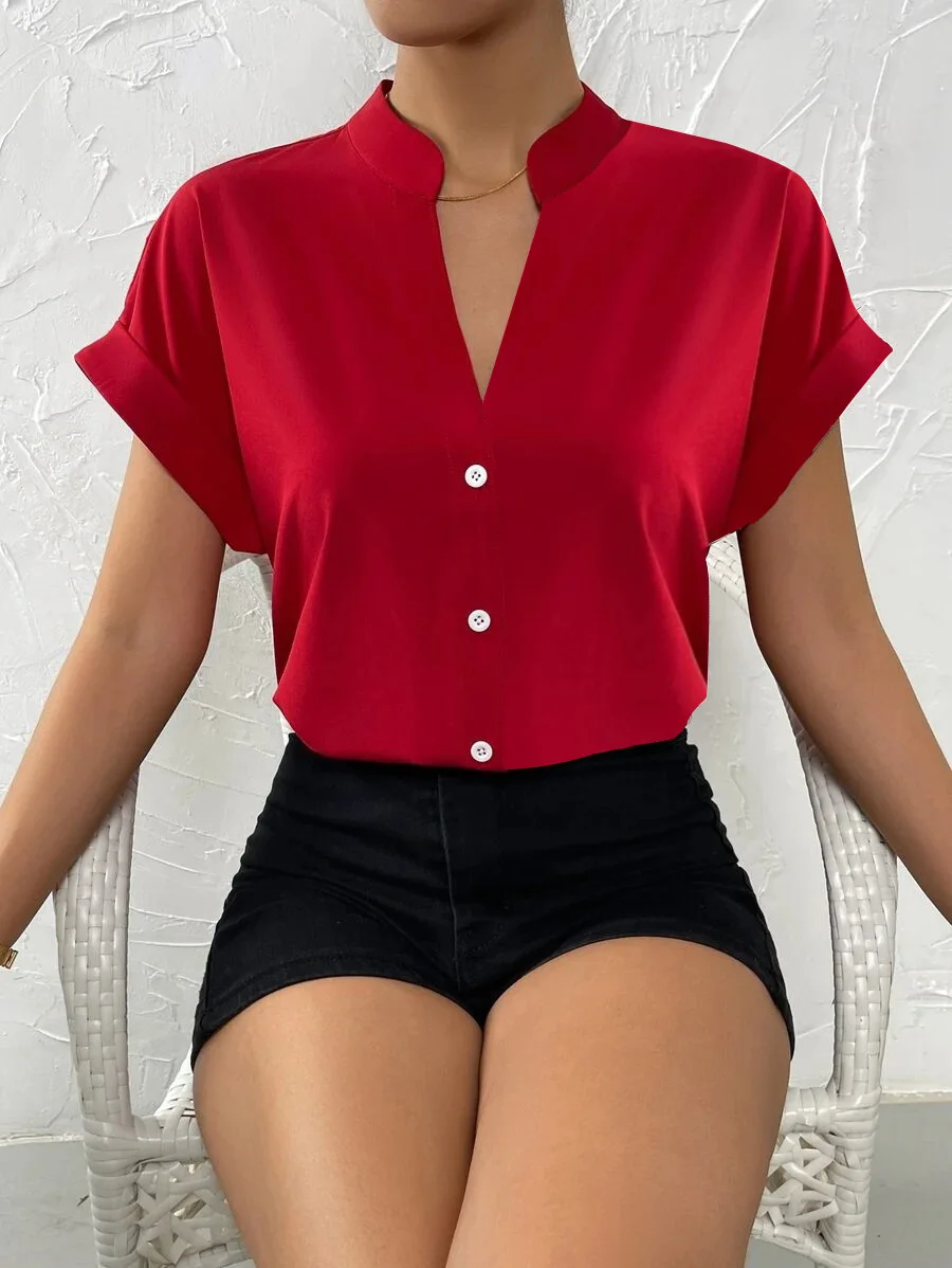 Summer New V-neck Pullover Short Sleeved Female Solid Color Casual Shirt Women's Clothing 2024 Button Office Lady Blouse Tops