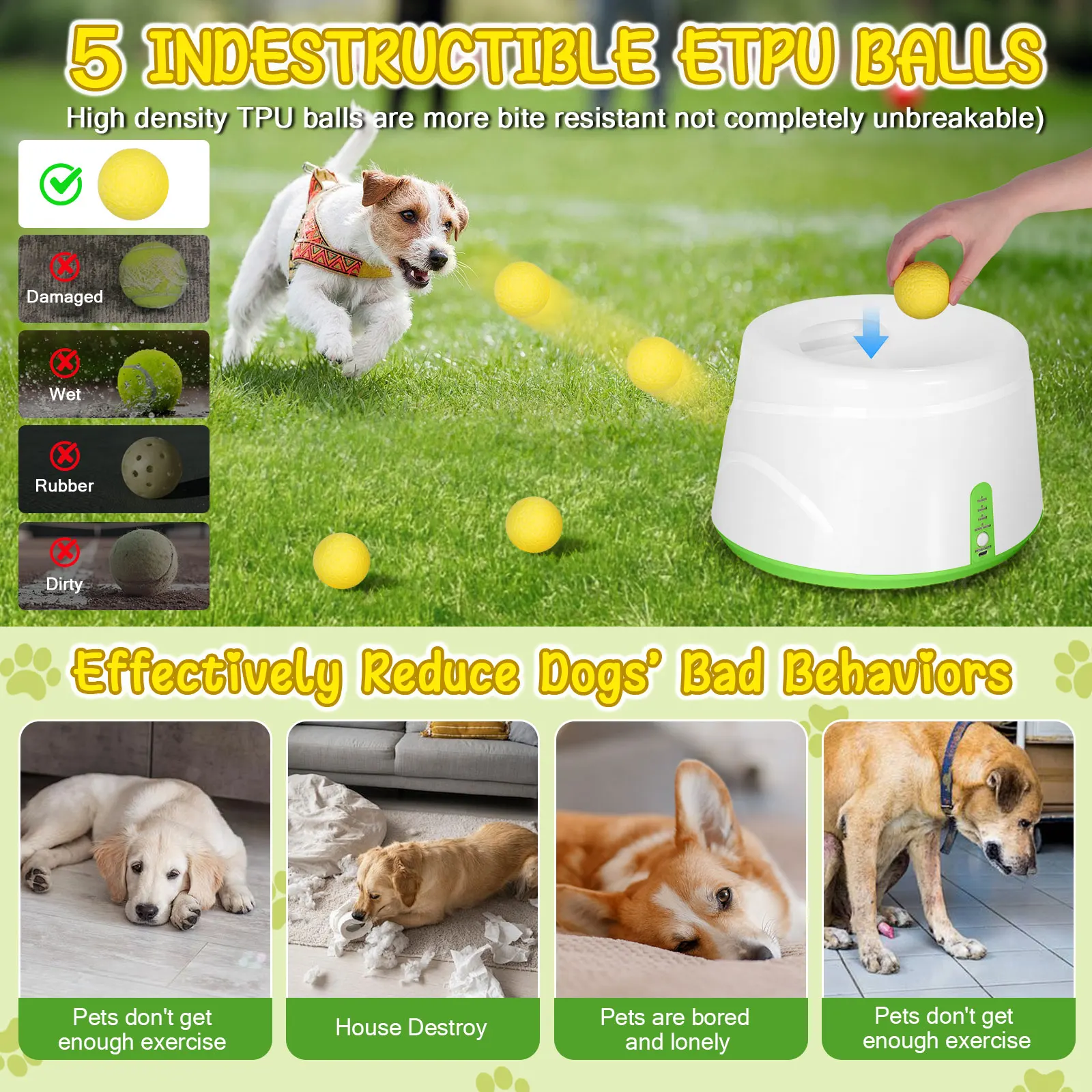 Automatischer Ballwerfer für Hunde mit 5 ETPU-Tennisbällen und 3 Distanzseinstellungen (19/32/45 Fuß), Hundespielzeug für den Innen- und Außenbereich – Detail 5