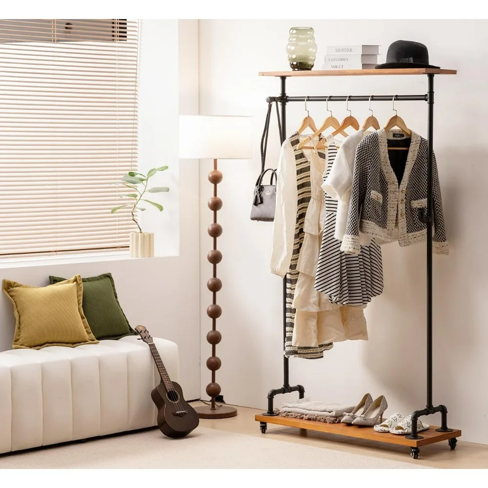 Portable Heavy-Duty Iron Clothing Rack with Wooden Shelves for Industrial Use