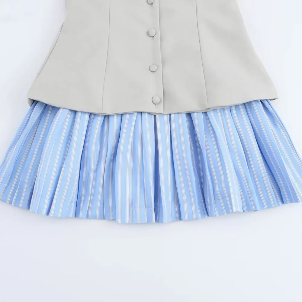 Striped Sleeveless Dress Patchwork Wide Pleated Blue Color Suspenders Short Skirt Casual Loose College Style Pleated Skirt