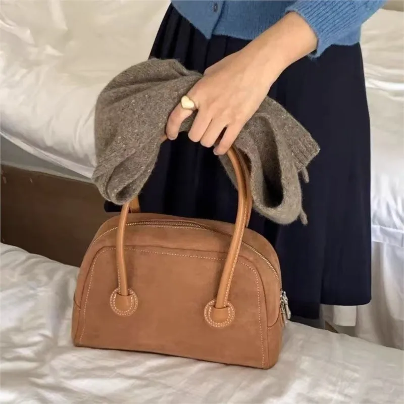 Retro Maroon Boston Handbag Women Korean Niche Design Large Capacity Shoulder Bags Ladies Casual Commute Minimalist Underarm Bag