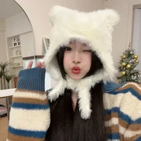 Halloween Winter Plush Cute Cat Ears Beanies Women Pullover Hats Korean Ear Protection Strap Beanies Hat with Earflap Y2k Girl 1