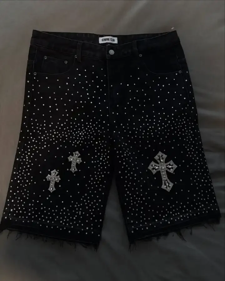 Men Black Distressed Denim Short Rhinestone Detailing Frayed Hem Casual Streetwear Summer Fashion Comfortable Stylish Daily Wear
