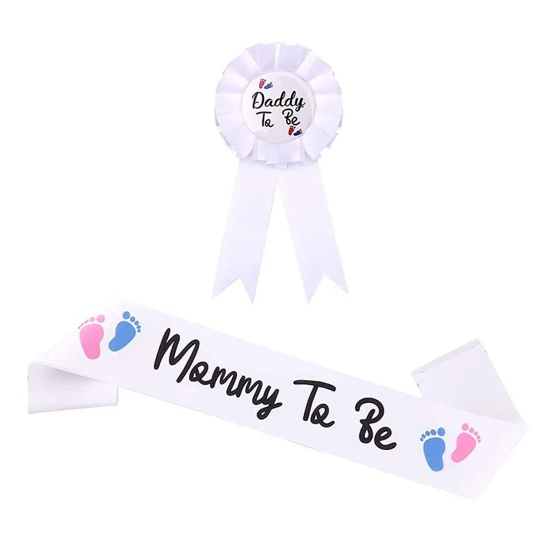 

Gender Reveal Decoration for Boy or Girl Growing of Princess Sash White Footprint Mummy To Be Sashes+Badge Baby Shower Supplies