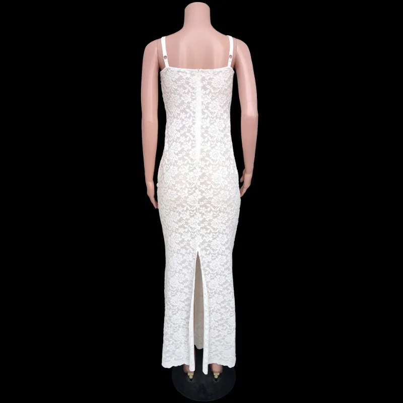 Lace Black Dress Female Slim Hollow Out Spaghetti Backless Dress Elegant Party Evening Gown Split Women Maxi Dress Summer