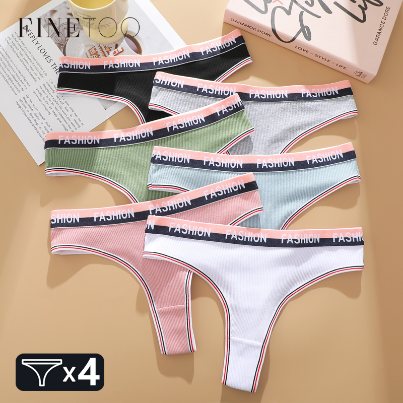 FINETOO 4Pcs Cotton Ribbed Thongs for Women Sexy Comfortable Letter Waist Panties Female Sports G-String Soft Lingeries Tangas