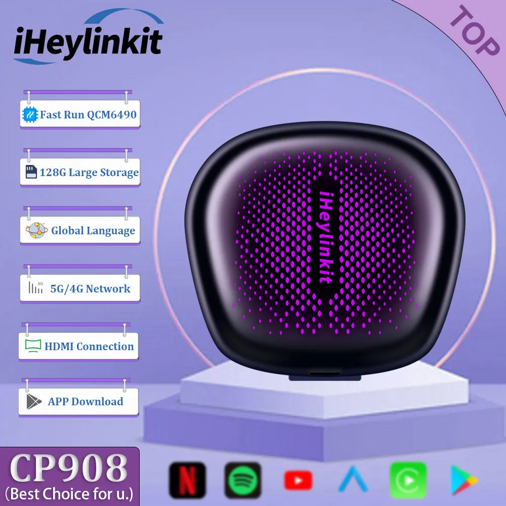 

iHeylinkit CP908 5G Wireless Carplay Android 13 Car AI Box Android Auto HDMI Output for YouTube Google Play Car Accessories