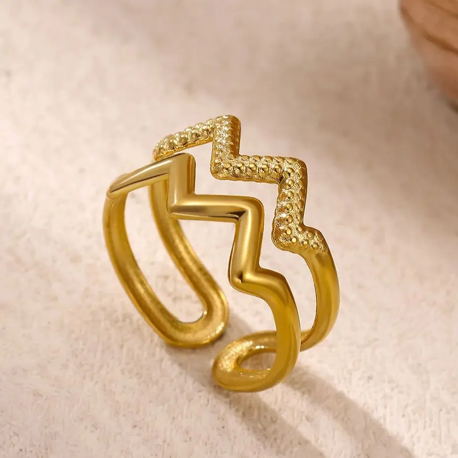 Fashion Geometric Double Wave Rings for Women Gold Color Stainless Steel