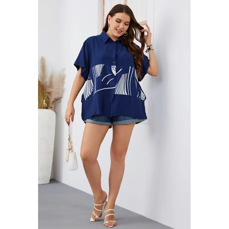 

2023 Летняя женская одежда для полных девушек свободный темно-синий Повседневный Топ