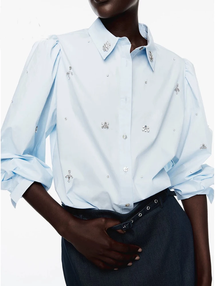 

High Quality Blue Shirt 2023 Winter New Elegant Artificial Jewelry Decorated Poplin Shirt Women's Evening Luxury Shirt