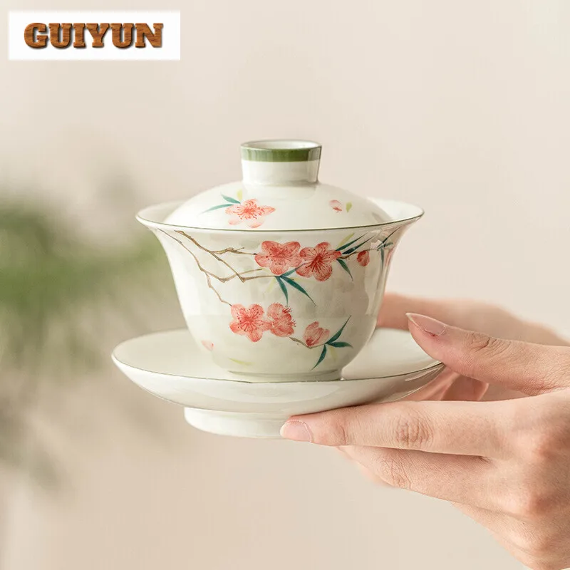 110ml Hand-painted Peach Blossom Gaiwan Traditional Three Talent Tea Tureen Tea Maker Cover Bowl Services Supplies Craft