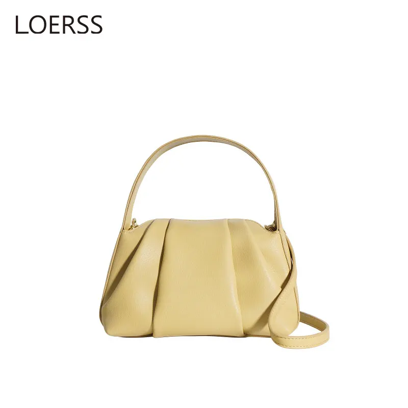 

LOERSS Cowhide Shoulder Bag for Women's Niche Design Pleated Cloud Bag Fashion Causal Handbag Leather Female Underarm Bag