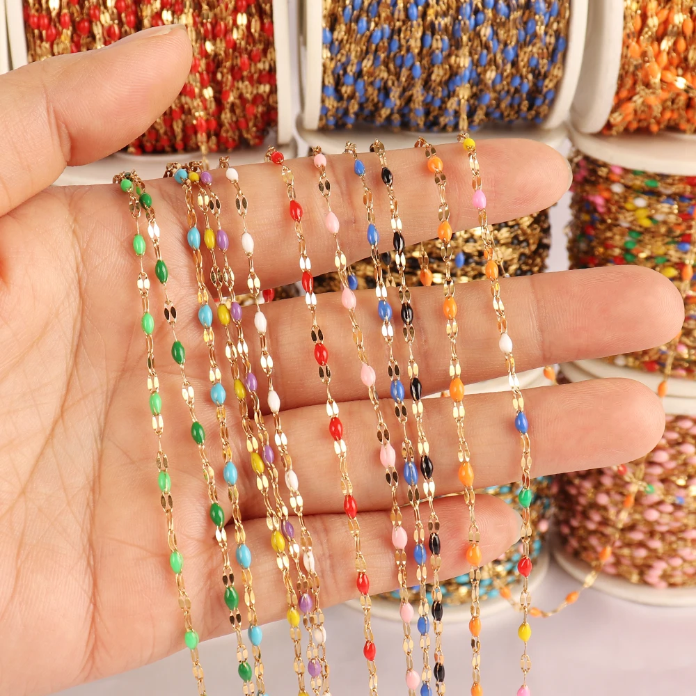 1Meters Stainless Steel Lip Chain Bohemian Colorful Enamel Beads Chain