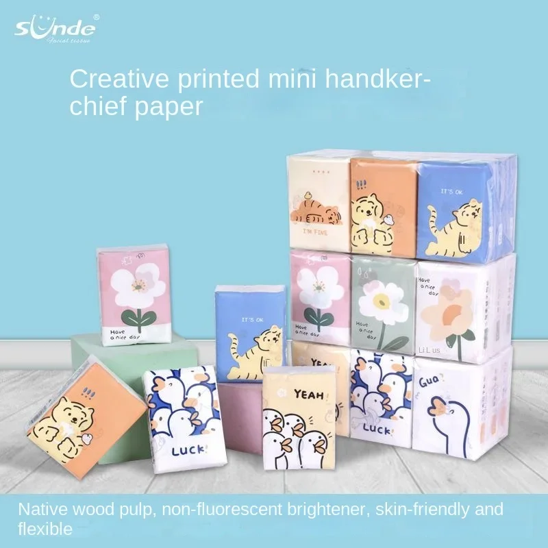 18 Packs Cartoon Printing Handkerchiefs Portable Small Packs of Facial Tissues Can Be Wet Napkins Travel Essential Paper Towels