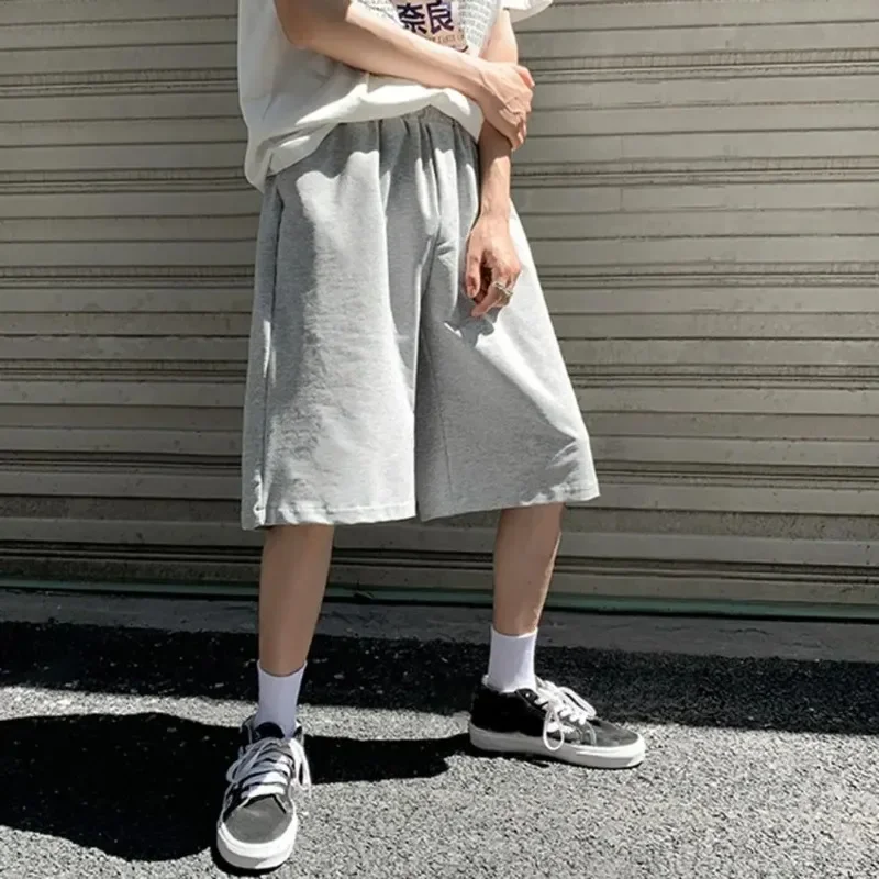 2024 New Men Baggy Sweatpants Shorts Straight Wide Casual Elastic Waist Black Gray Jogging Male Knee Length Short Pants 2