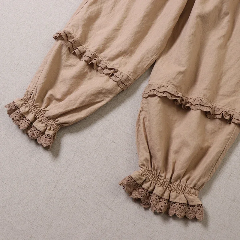100% Cotton Linen Female Vintage Victorian Loose Bloomers Pants Prairie Old Time Retro Mori Girl Ruffled Lace Lolita Pantaloons