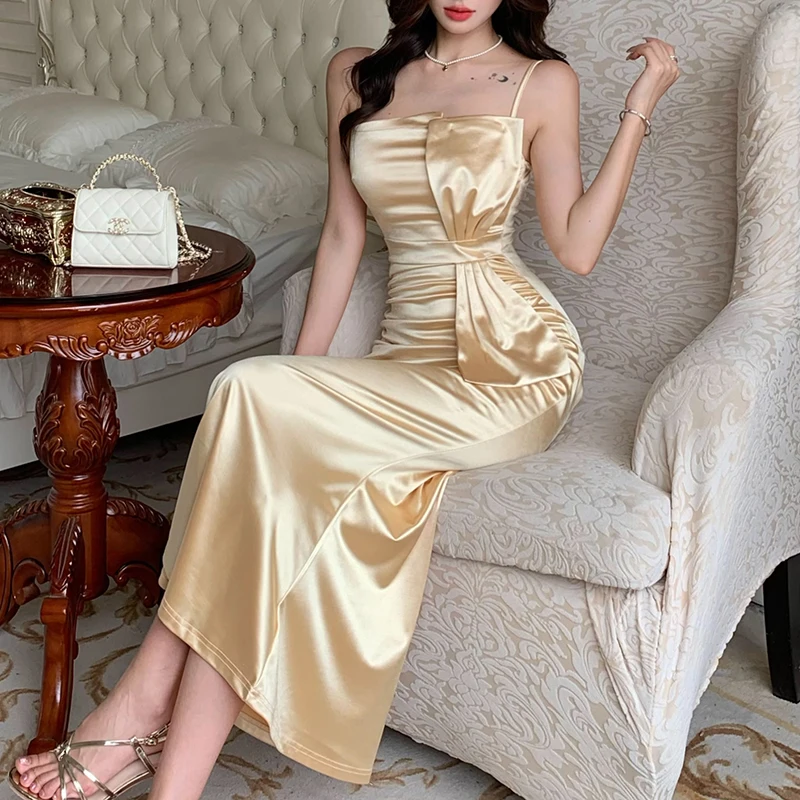 Stretch Satin Gown Galter Dress Women's 2024 Summer Elegant Satin Dress  Elegant Sleeveless Cocktail Party Maxi Dresses Champagne - AliExpress  200000345