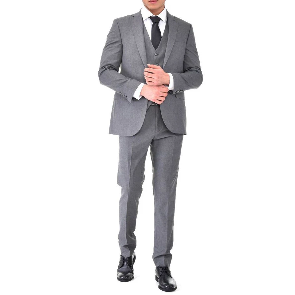 Grey Men Suits Slim Fit Notched Lapel Two Buttons 3 Pieces Formal Groom Wear Wedding Tuxedos Blazer+Vest+Pants Costume Homme