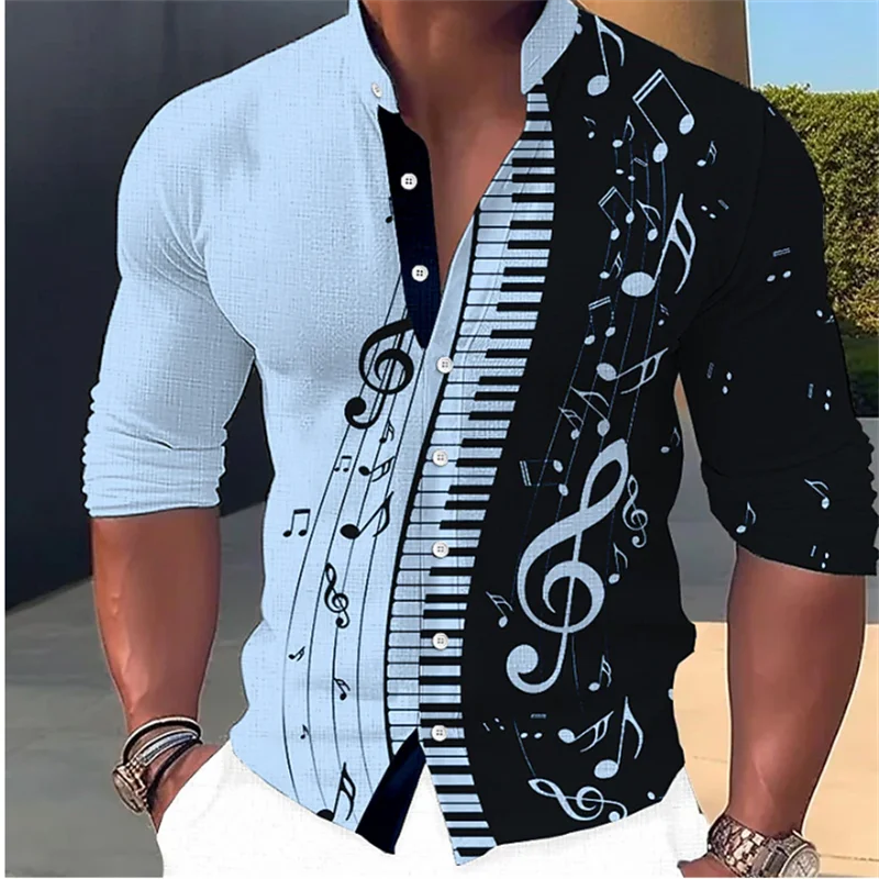 Casual Men's Shirt Music Note Print Stand Collar Blue Outdoor Street Long Sleeve Clothing Fashion Streetwear Designer 6XL Summer men s shirt graphic music notes reduced white blue gray street short sleeve button top fashion hawaiian shirt oversized 5xl