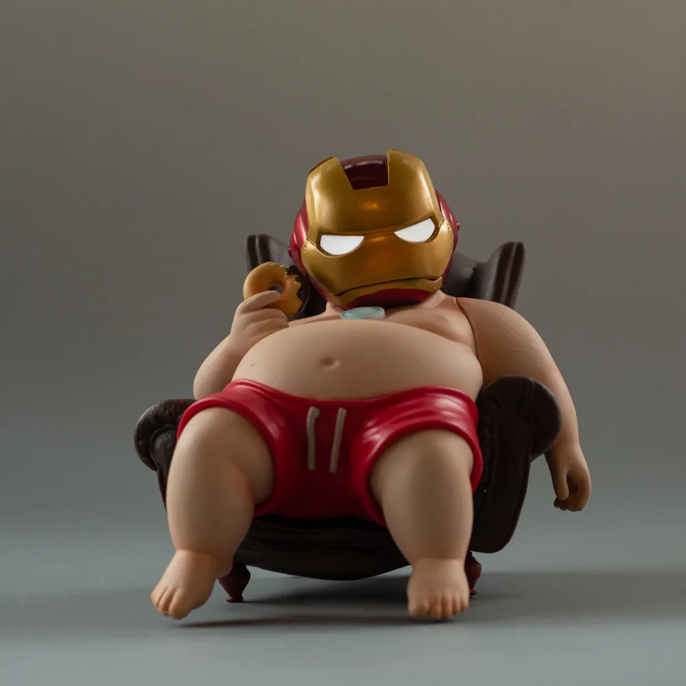 

Kawaii Fat Ironman Eat Donuts Action Figures Toy 11cm Cute Obese Tony Stark Statues Model Doll Ornaments Can Glowing Kids Gift