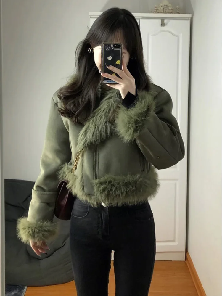 Jacket Coat Women's Green Stitching Lambswool Suede Short Warm Fashion Single-Breasted Turtleneck Zipper Fur Collar AutumnWinter
