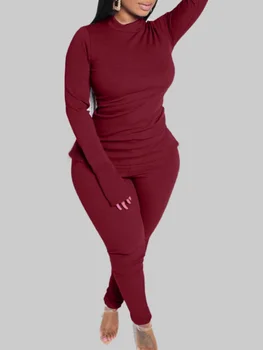 LW Plus Size Women's Tracksuit Set – Long Sleeve Turtleneck & Slit Skinny Pants, Casual Two-Piece Outfit 1