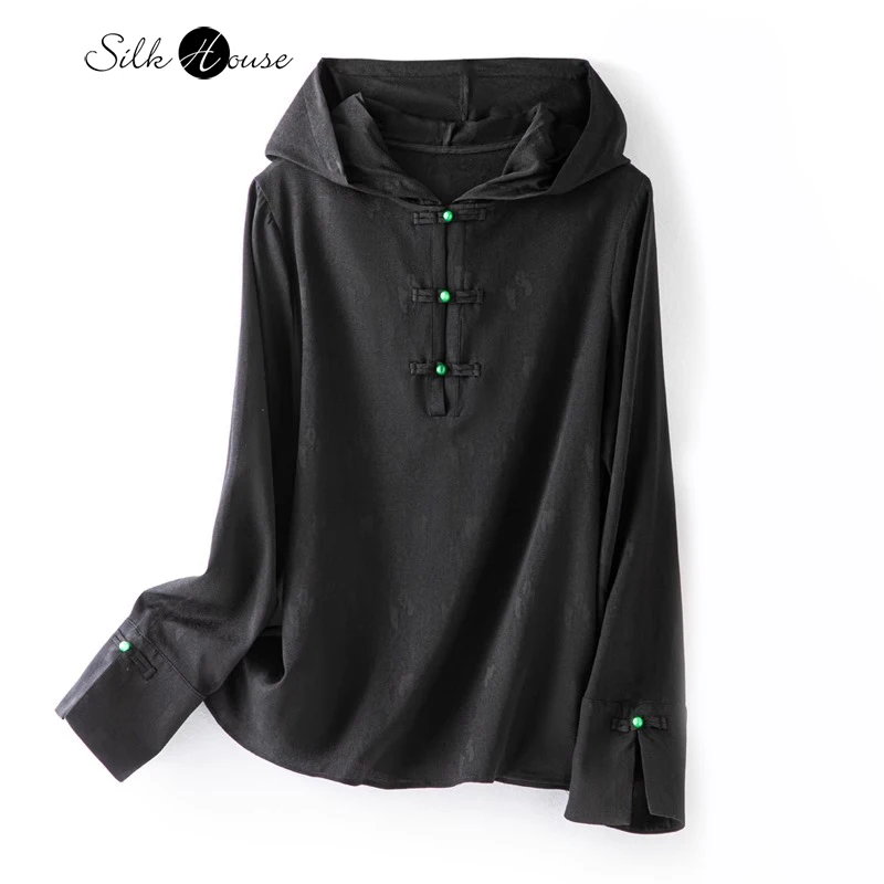 New Chinese Style 93% Natural Mulberry Silk Jacquard Hooded Loose Casual Long Sleeved Hoodie with Button Up Small Shirt